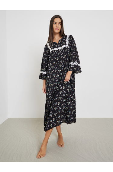 All-Over Floral Print Flared Sleeves Nightdress with Lace Detail