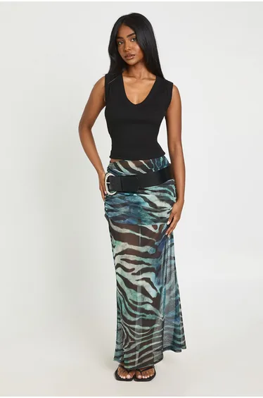 Mesh Animal Print Maxi Skirt - blue