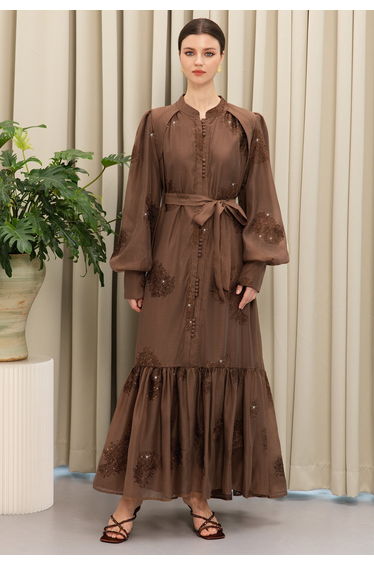 Floral Embroidered Sequins Lantern Sleeve Maxi Dress in Brown