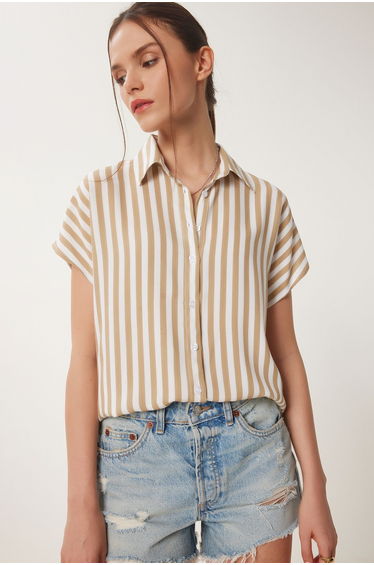 Women's Beige White Striped Short Sleeve Viscose Shirt