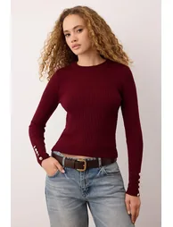 Ecru-Burgundy Crew Neck Hair Knit Double Knitwear Sweater - 4