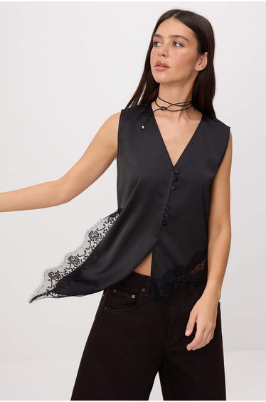 Black Lace Detailed Satin Blouse