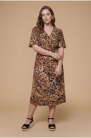 Curve Animal Button Front Angel Sleeve Tie Back Midi Dress