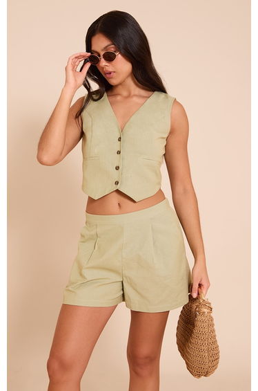 Sage Green Linen Look Boxy Detail Waistcoat