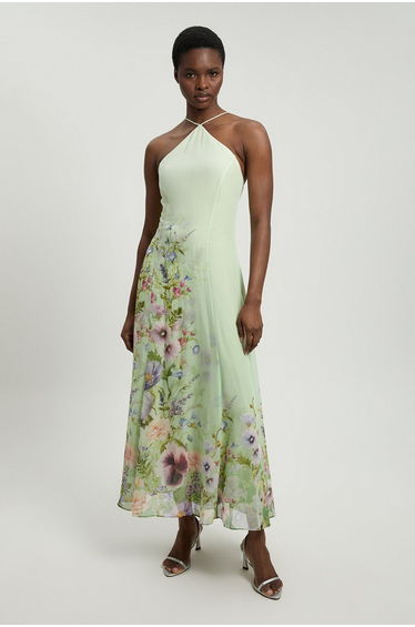 Petite Chiffon Floral Print Halter Neck Woven Maxi Dress