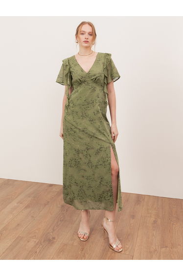 Lovedrobe Green Angel Sleeve V Neck Midaxi Dress with Ruffle Detail