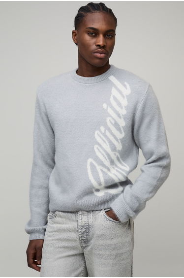 Boxy Brushed Branded Knitted Jumper - grey