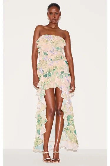 Yellow Printed Ruffled Bandeau Maxi Dress