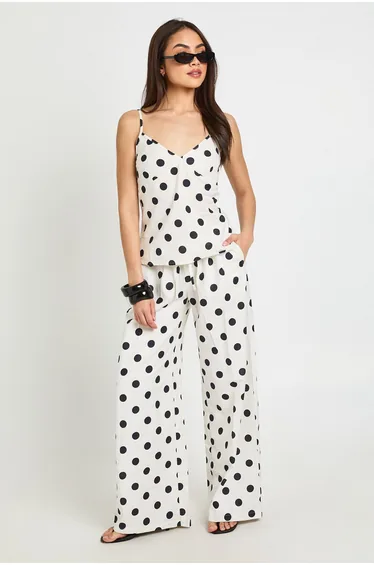 Polka Linen Look Cami & Wide Leg Trouser Co-ord - white