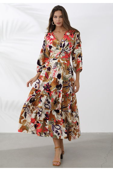 Tropical Summer Printed Crisscross Cutout Maxi Dress