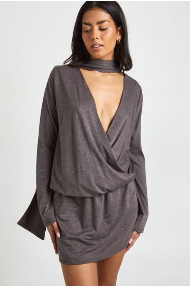 Marl Scarf Detail Wrap Skater Dress - coffee