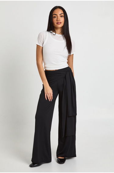 Double Layer Matte Slinky Tie Waist Trouser - black