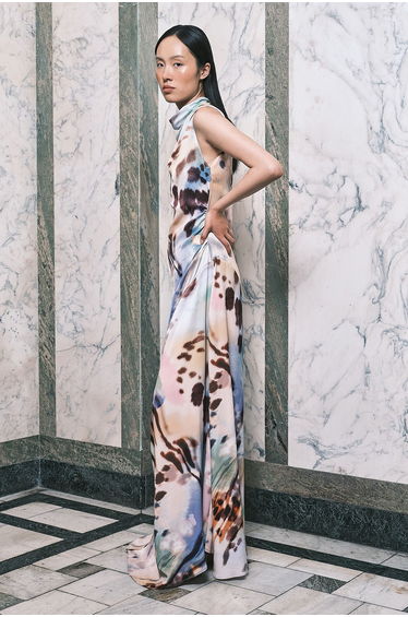 Satin Viscose Printed Cowl Neck Maxi Dress