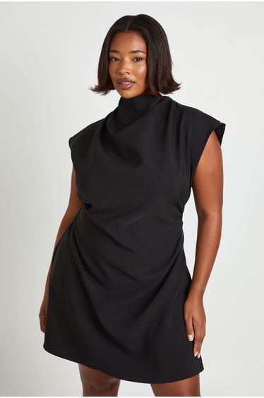 Plus Asymmetric Ruched Cap Sleeve Shift Dress - black
