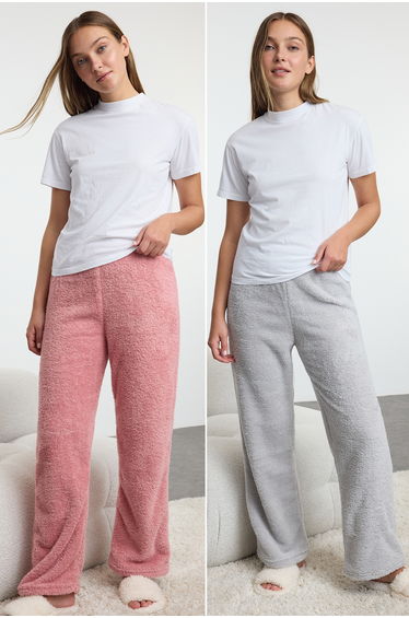 Pink-Grey 2-Pack Plush Knitted Pajama Bottoms