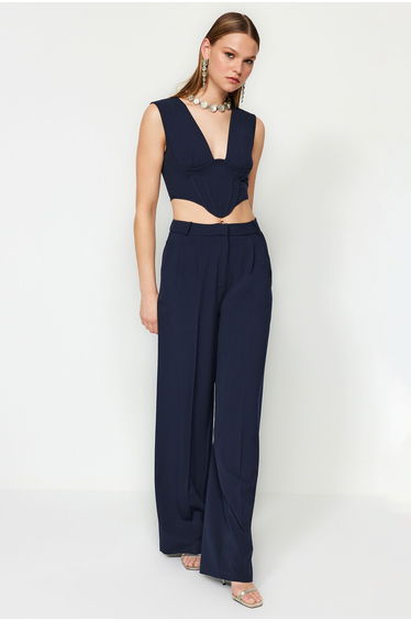 Navy Blue Wide Leg Woven Trousers