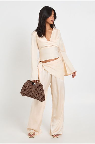 Petite Satin Tie Waist Wide Leg Trouser - champagne
