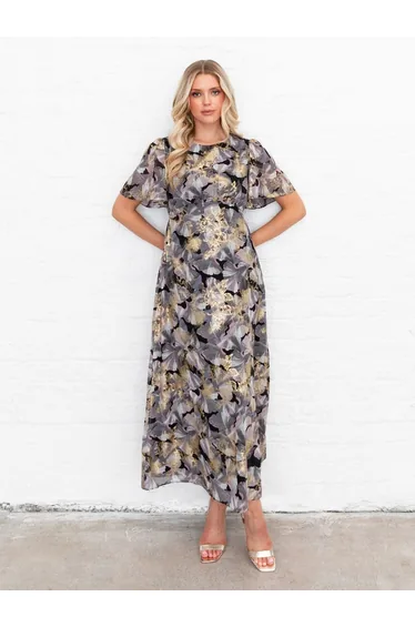 Lovedrobe Floral Angel Sleeve Midaxi Dress with Gold Detail