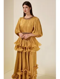 Satin Sequin Puff Sleeve Ruffle Maxi Dress With Belt - 2