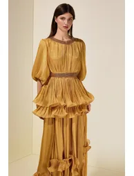Satin Sequin Puff Sleeve Ruffle Maxi Dress With Belt - 3