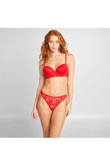 Embroidered mesh demi-cup bra RED