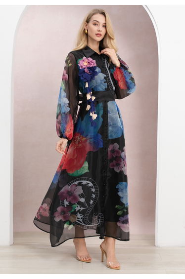 Floral-Kissed Button-Down Organza Maxi Dress with Brooch in Black for Romantic Retreats & Sunset Dinners