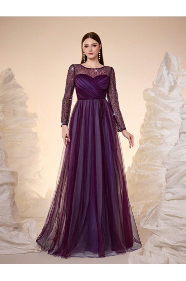 Leely Purple Long Sleeve Sequin Tulle Evening Gown