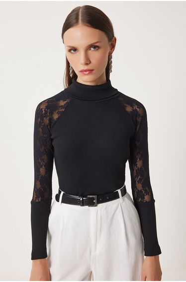 Women's Black Turtleneck Lace Ribbed Knitted Blouse