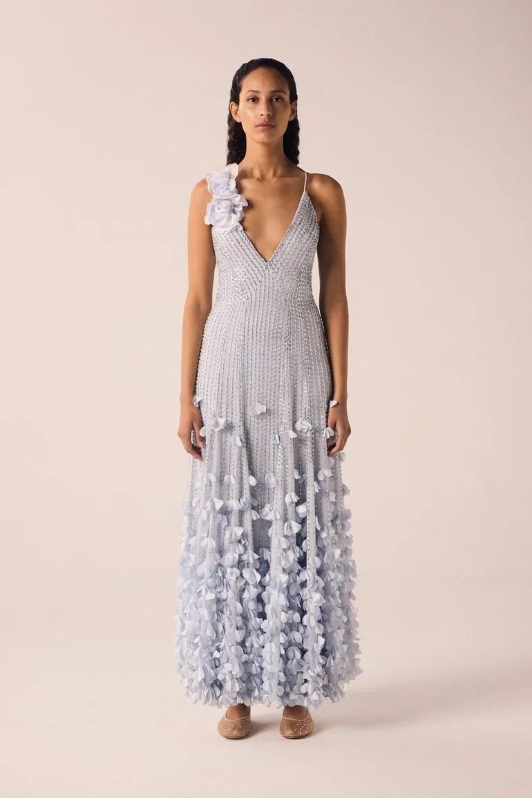 crystal applique woven maxi rosette maxi dress Crystal Applique Strappy Rosette Woven Maxi Dress Karen Millen : Premium  Dresses : VogaCloset Oman