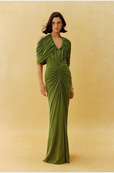 Graceful Arrival Green Draped V Neck Ruched Maxi Dress