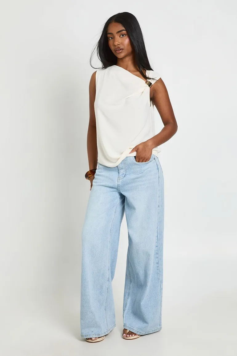 Gold Trim Hammered Crepe Sleeveless Top - ecru - 2