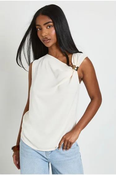 Gold Trim Hammered Crepe Sleeveless Top - ecru