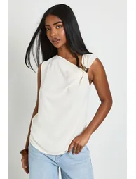 Gold Trim Hammered Crepe Sleeveless Top - ecru