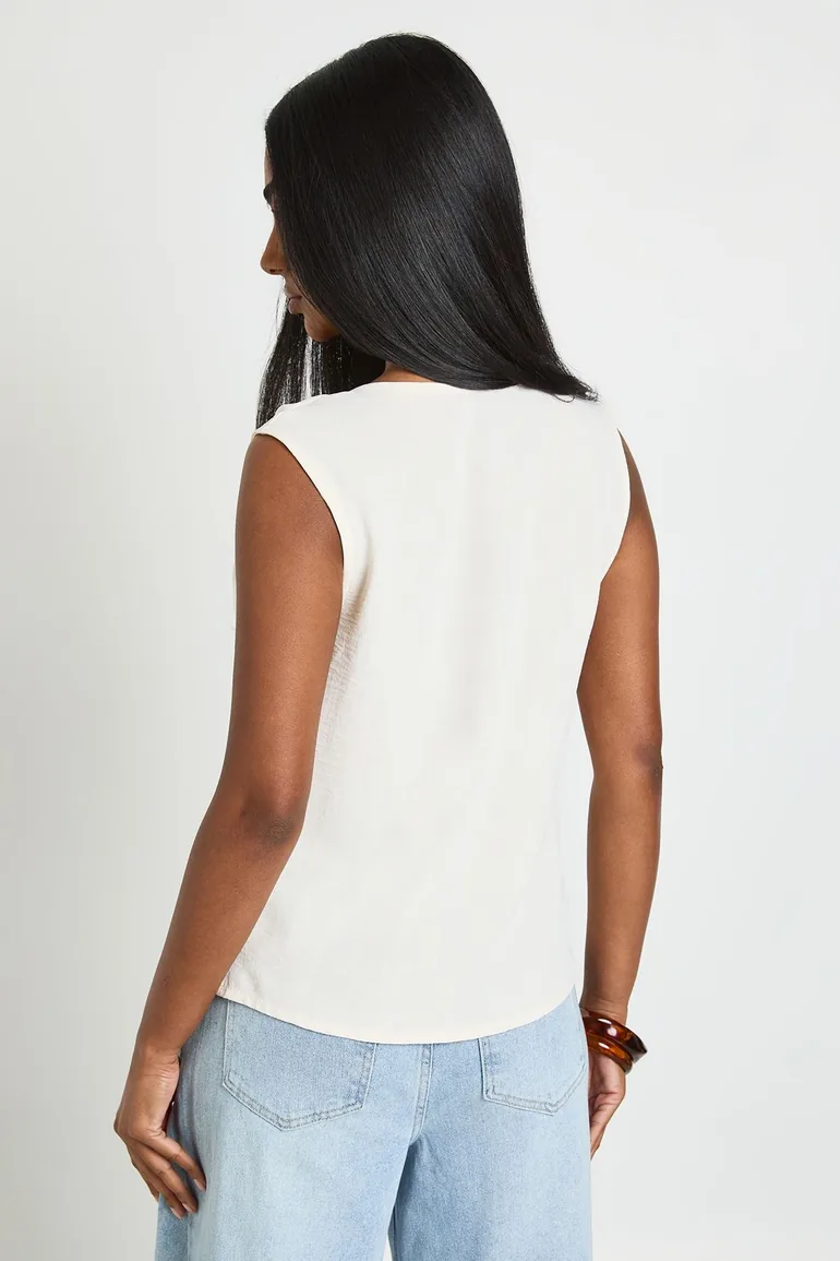 Gold Trim Hammered Crepe Sleeveless Top - ecru - 1