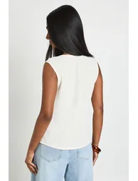 Gold Trim Hammered Crepe Sleeveless Top - ecru - 1