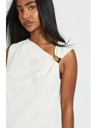 Gold Trim Hammered Crepe Sleeveless Top - ecru - 3