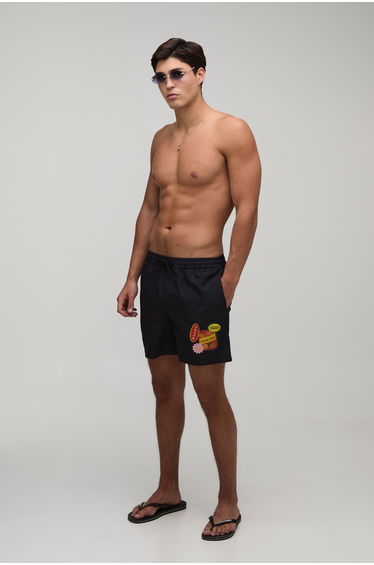 Sticker Print Mid Length Swim Short - black