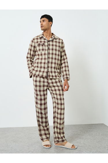 Men Brown Checkered Shirt and Pyjama Set