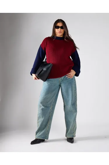 Burgundy Navy Round Neck Knit Jumper