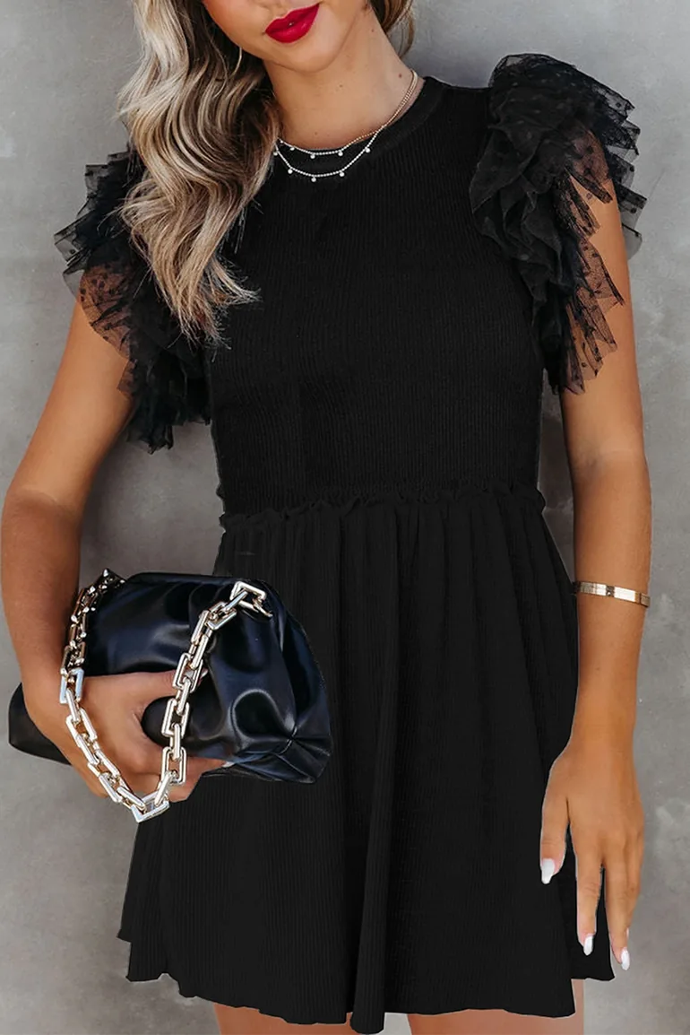 Lvness Black Dotty Mesh Ruffle Sleeve Ribbed Knit Mini Dress - 2
