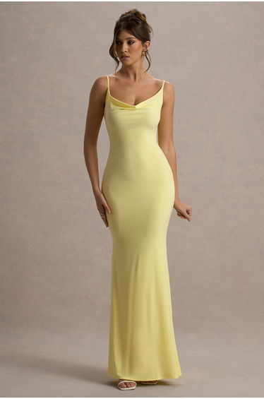 Francoise | Lemon Cowl Neck Backless Maxi Dress With Lace Insert