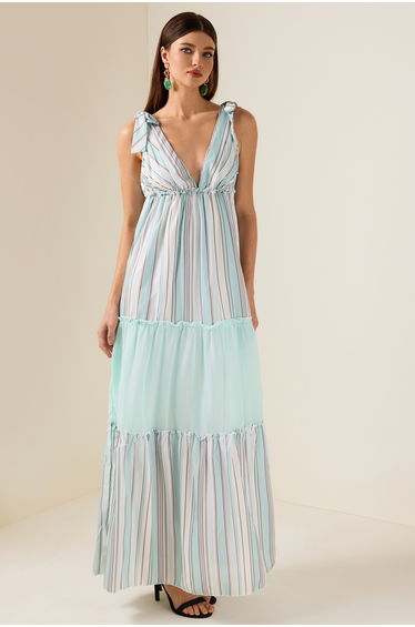 Françoise Stripe Splicing V-Neck Midi Dress
