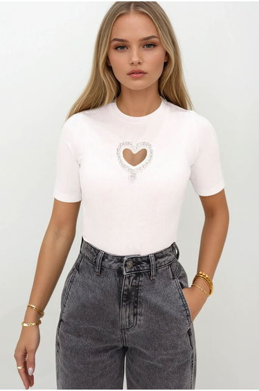 Women's White Crew Neck Stone Embroidered Camisole Blouse