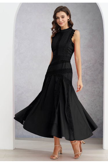 Dive into Elegance Lace Panelled Sleeveless Dress in Black