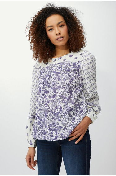 Flower Mix & Match Print Scoop Neck Top - navy