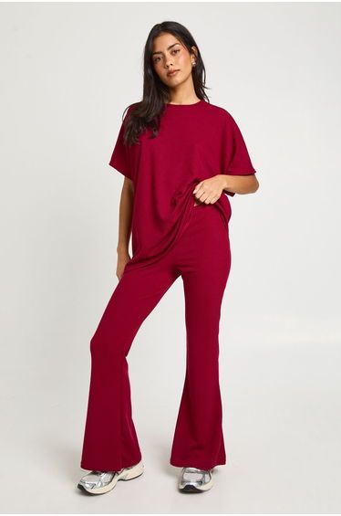 Two Tone Rib Flared Leggng & Top Co Ord - wine