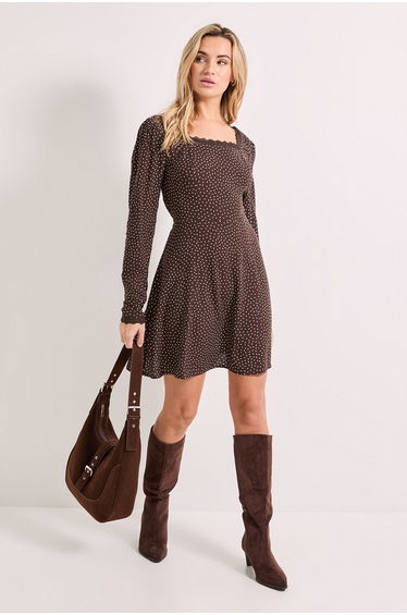 Chocolate Pinspot Square Neck Lace Trim Mini Dress