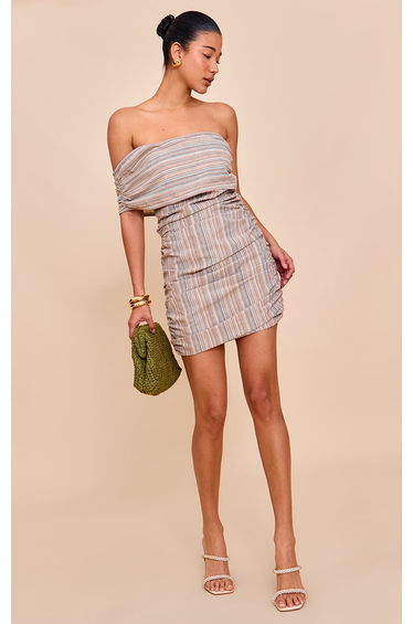 Blue Striped Asymmetric Bardot Bodycon Dress