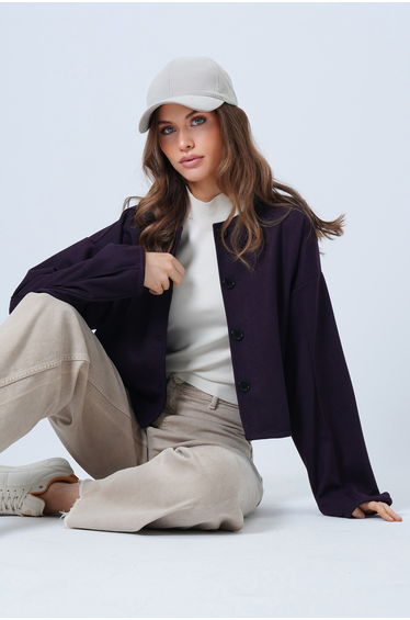 Women's purple stitch detailed textured knitted jacket