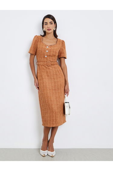 Women Tweed Sheath Midi Dress with Belt
